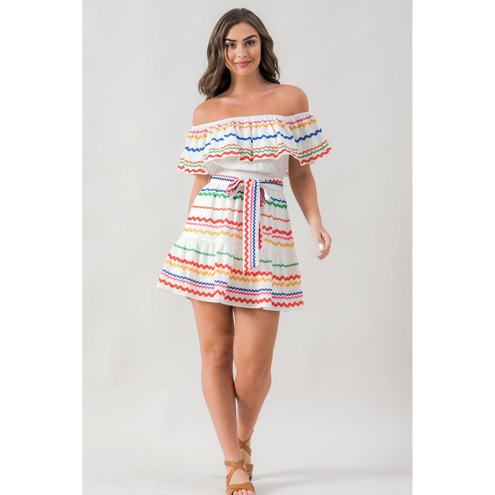 Flying‎ Tomato Multi Color Rick Rack Romper Off Shoulder Ruffle Large ID17771 - Picture 2 of 6